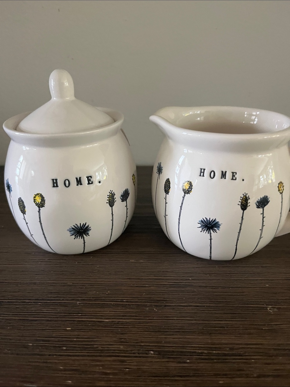 NWOT Rae Dunn White Ceramic 'HOME.' Sugar and Creamer set with Floral Motif